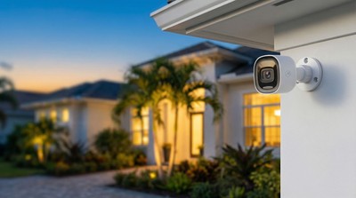 Modern Florida home at dusk with security system
