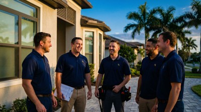 Dehart Alarm Systems installation team posing casually outside a Florida home