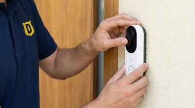 Dehart technician adjusting an Alarm.com doorbell camera at a Florida home