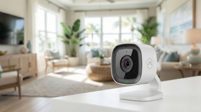 Alarm.com indoor security camera with upscale Florida home in background