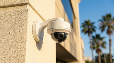 Commercial security cameras installed in a business lobby