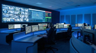 Professional monitoring center with operators watching security feeds